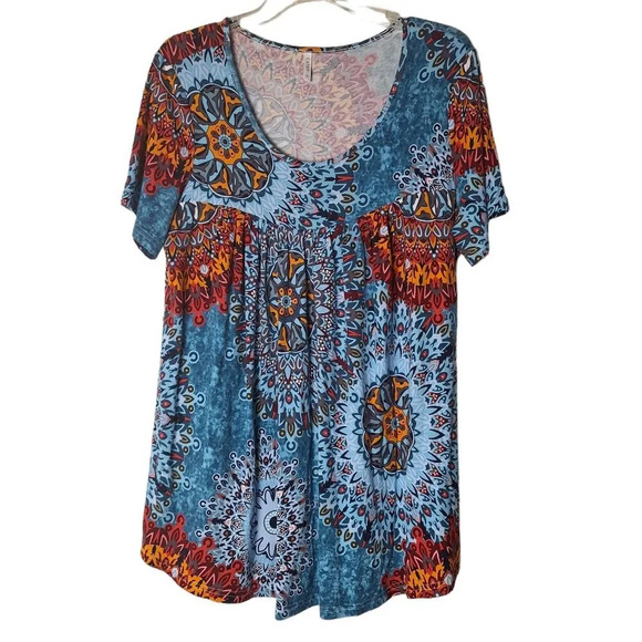 Tops - Cathy Blue Sz XL Orange Print Flowy Stretch Pullover Tunic Top Blouse